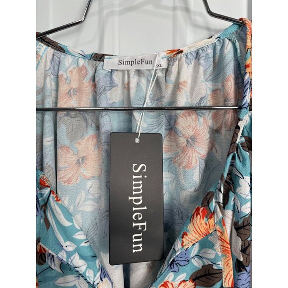 SimpleFun Floral V Neck Blouse Womens 2XL Blue Multi Summer Bohemian Hippie NEW - Picture 5 of 7